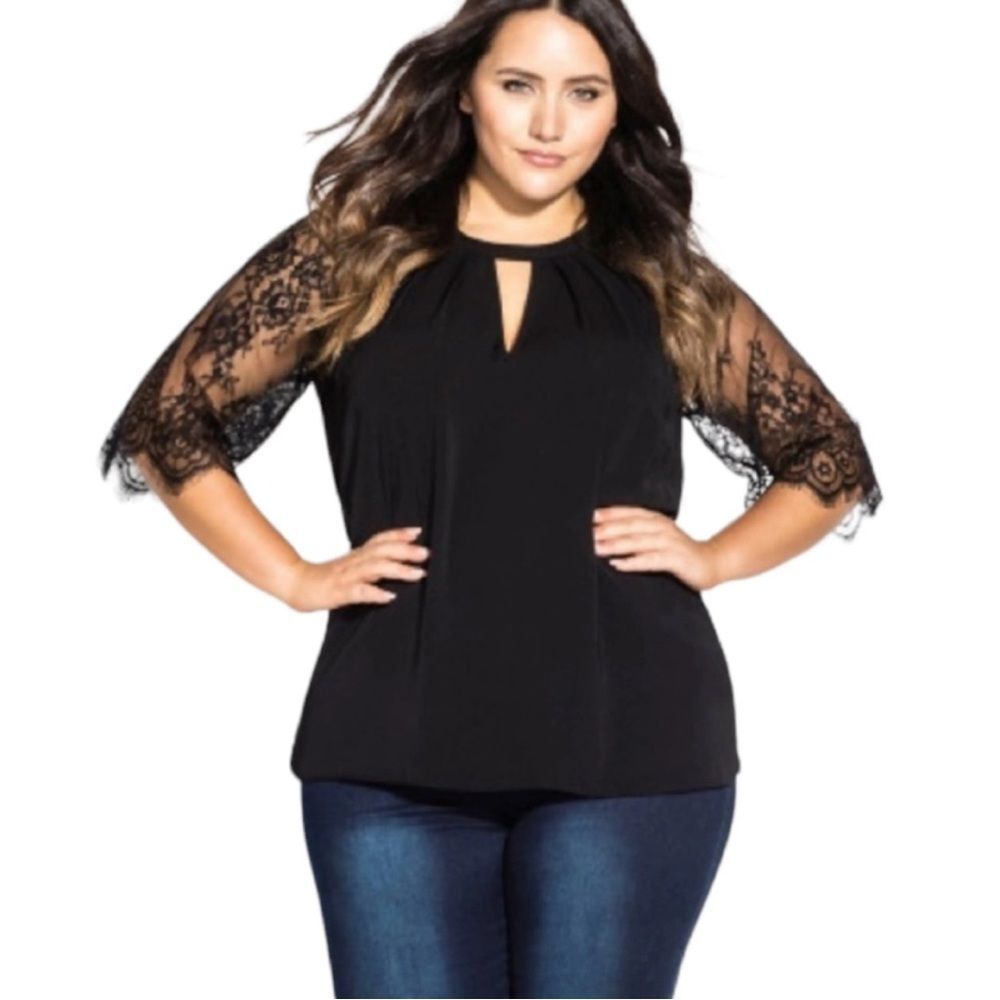 City Chic lace sleeve black top size 20  2X EUC